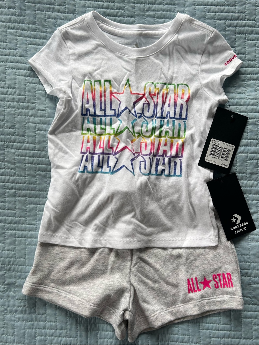 Converse All-Star White Rainbow Logo Tee & Gray Shorts Set Girls size 4